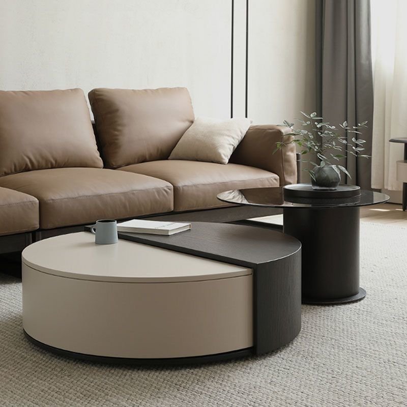 nexa drum glass coffee table with pecan base