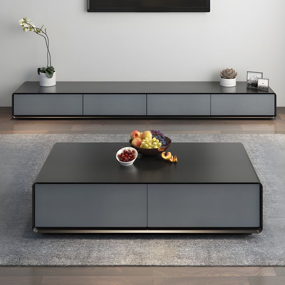 Nova Abstract Base Wooden Coffee Table with rectangular wood top, abstract metal base, and integrated drawers.