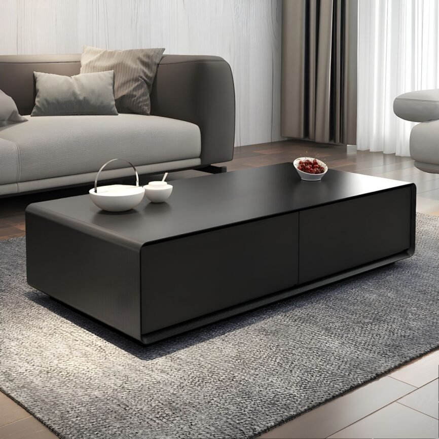 Nova Abstract Base Wooden Coffee Table with rectangular wood top, abstract metal base, and integrated drawers.
