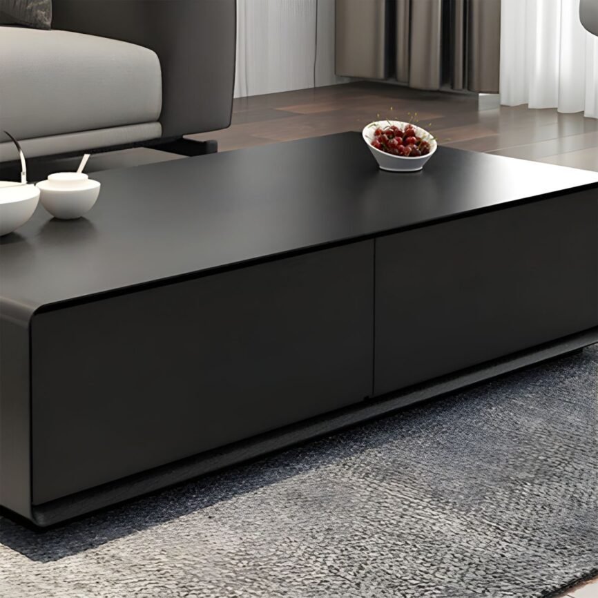 Nova Abstract Base Wooden Coffee Table with rectangular wood top, abstract metal base, and integrated drawers.