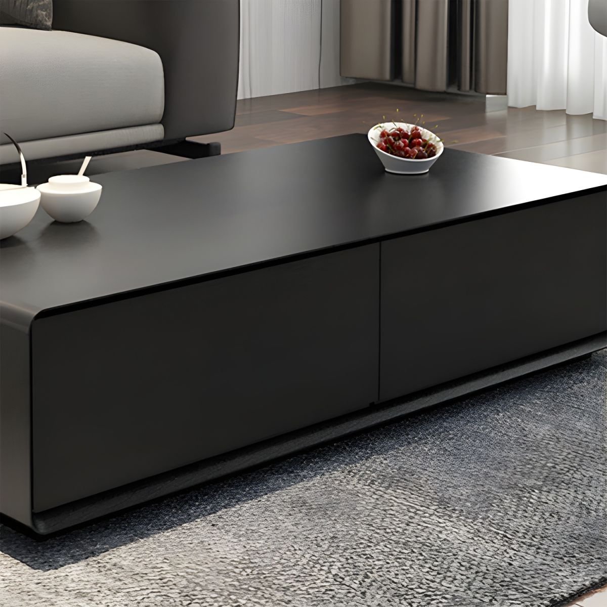 Nova Abstract Base Wooden Coffee Table with rectangular wood top, abstract metal base, and integrated drawers.