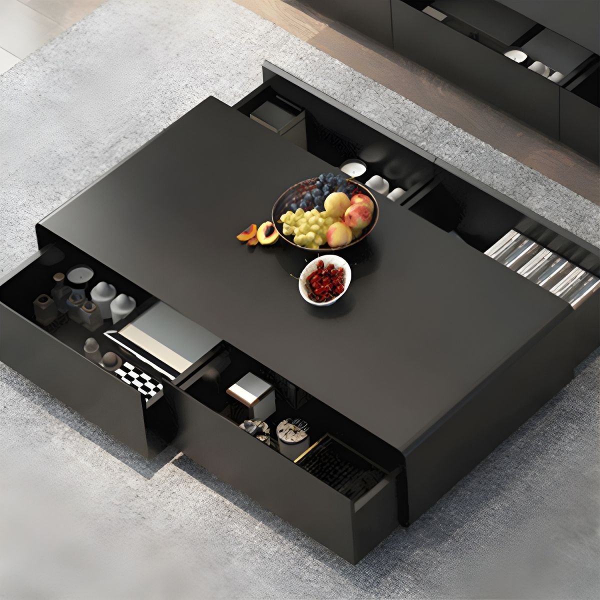 Nova Abstract Base Wooden Coffee Table with rectangular wood top, abstract metal base, and integrated drawers.