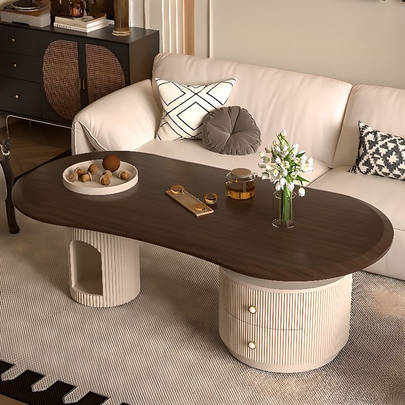 oblong timber dual‑base coffee table with drawers and shelf