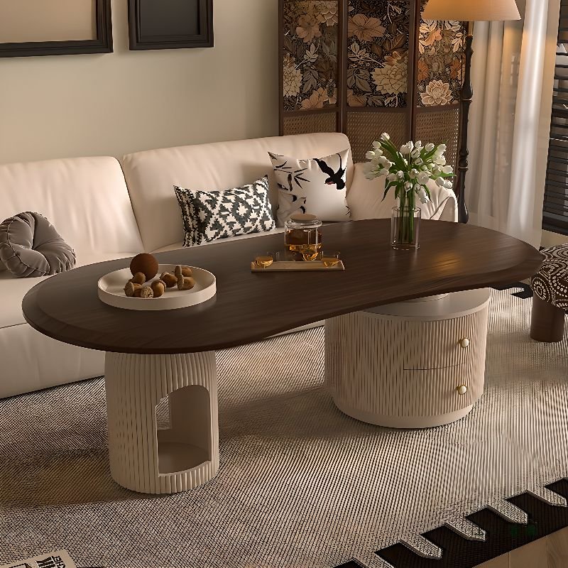 oblong timber dual‑base coffee table with drawers and shelf