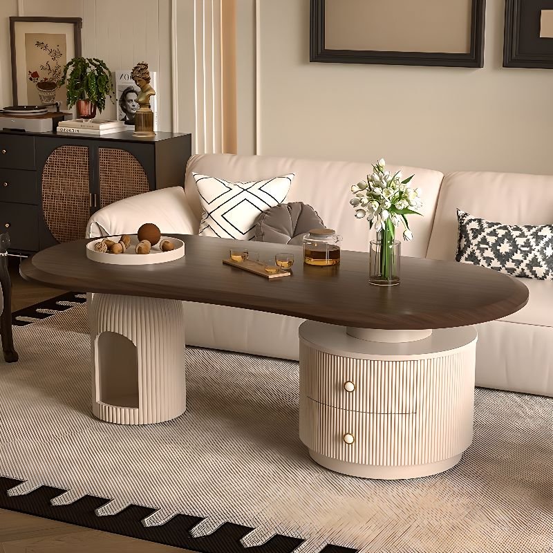 oblong timber dual‑base coffee table with drawers and shelf