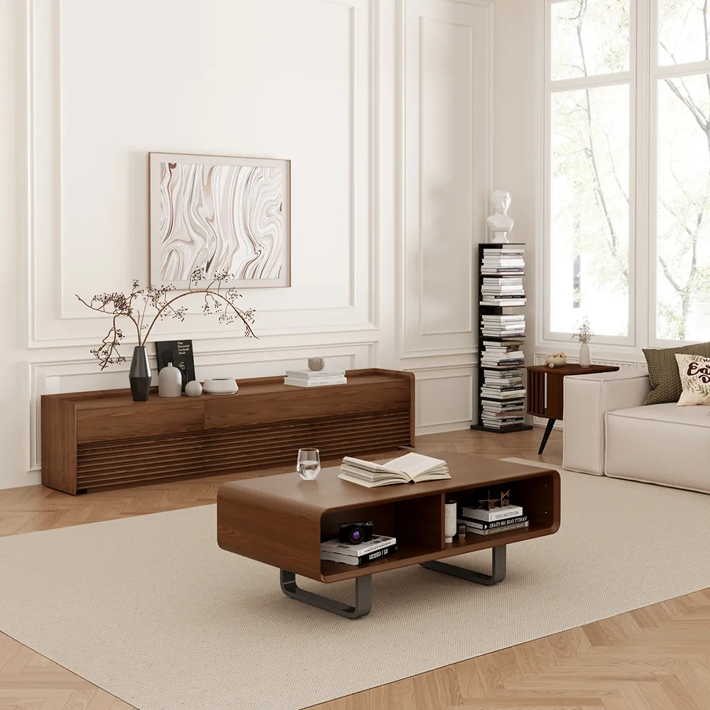 "Walnut mid-century modern rectangular coffee table with two cabinets, MDF construction, partial assembly required"