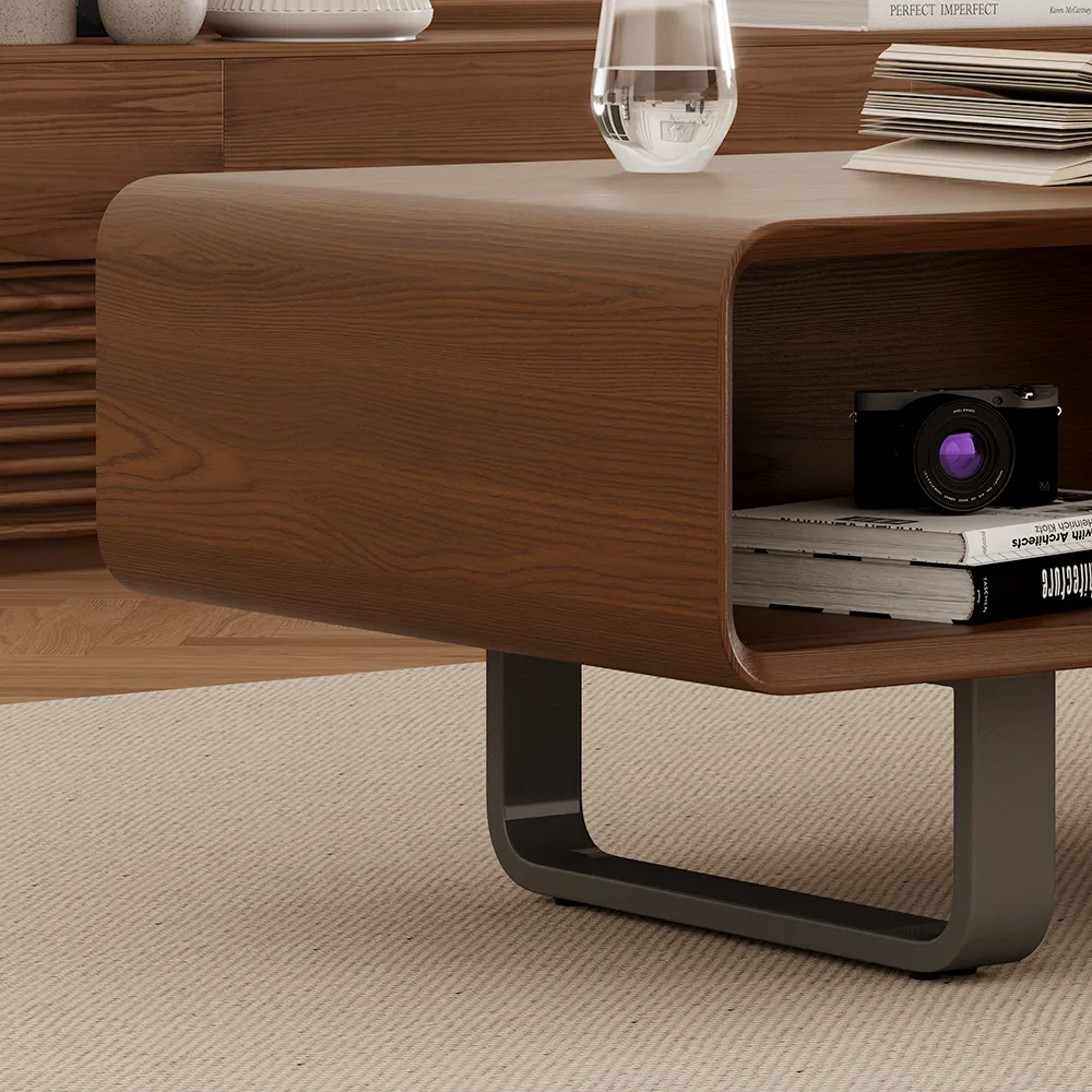 "Walnut mid-century modern rectangular coffee table with two cabinets, MDF construction, partial assembly required"