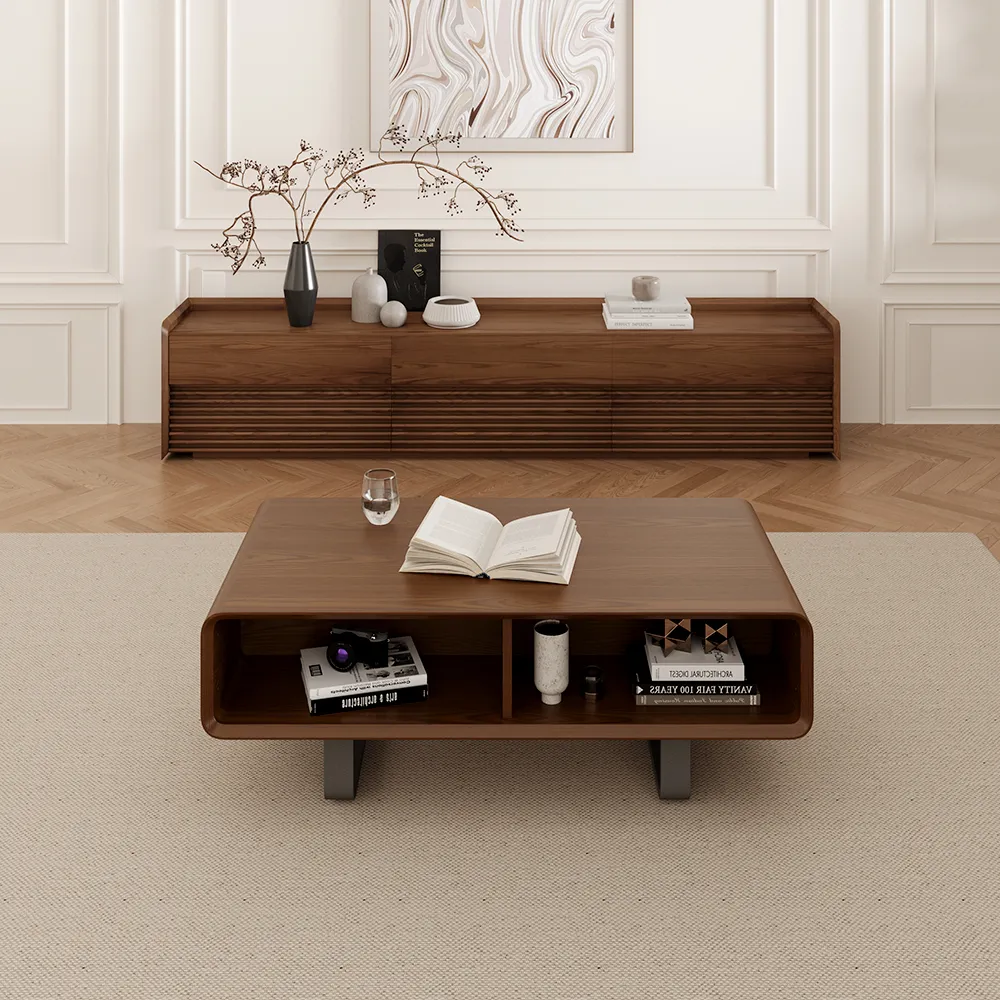 "Walnut mid-century modern rectangular coffee table with two cabinets, MDF construction, partial assembly required"