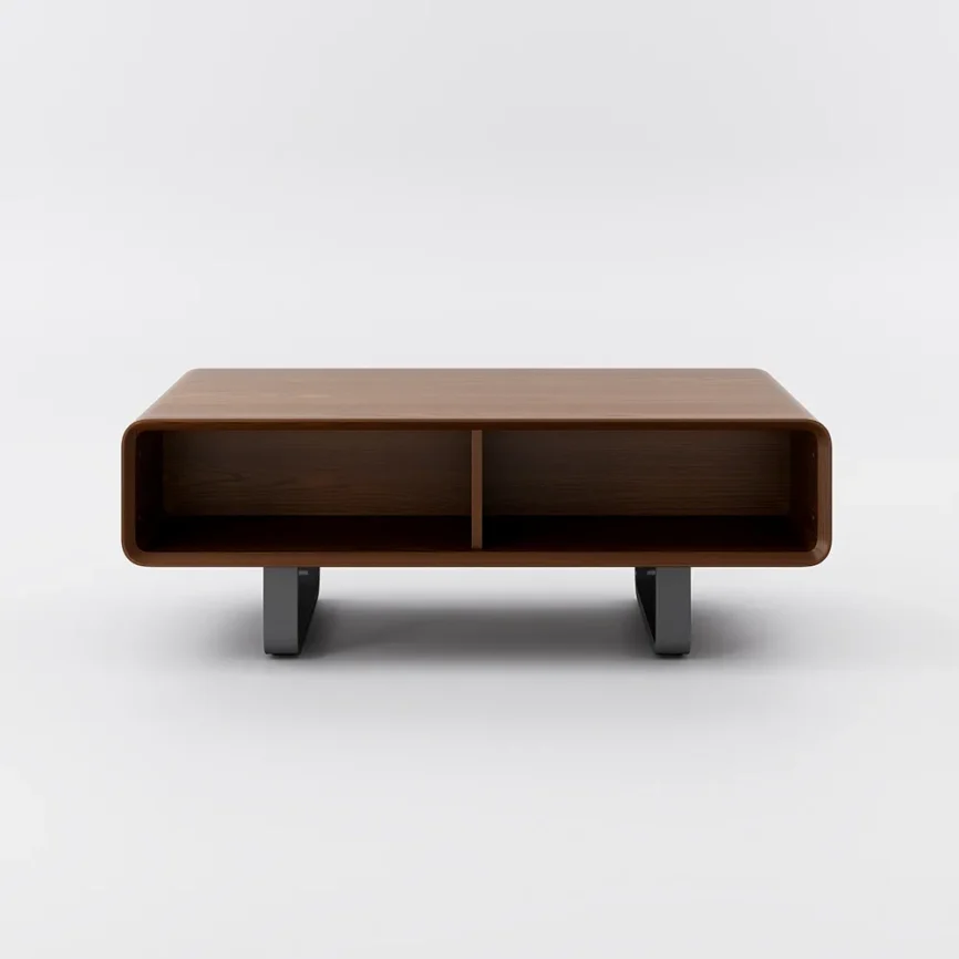 "Walnut mid-century modern rectangular coffee table with two cabinets, MDF construction, partial assembly required"
