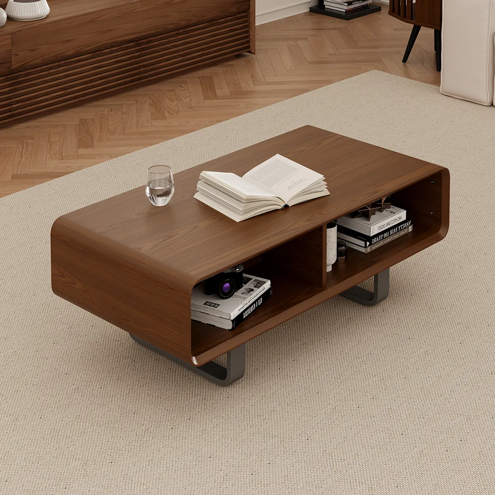 "Walnut mid-century modern rectangular coffee table with two cabinets, MDF construction, partial assembly required"