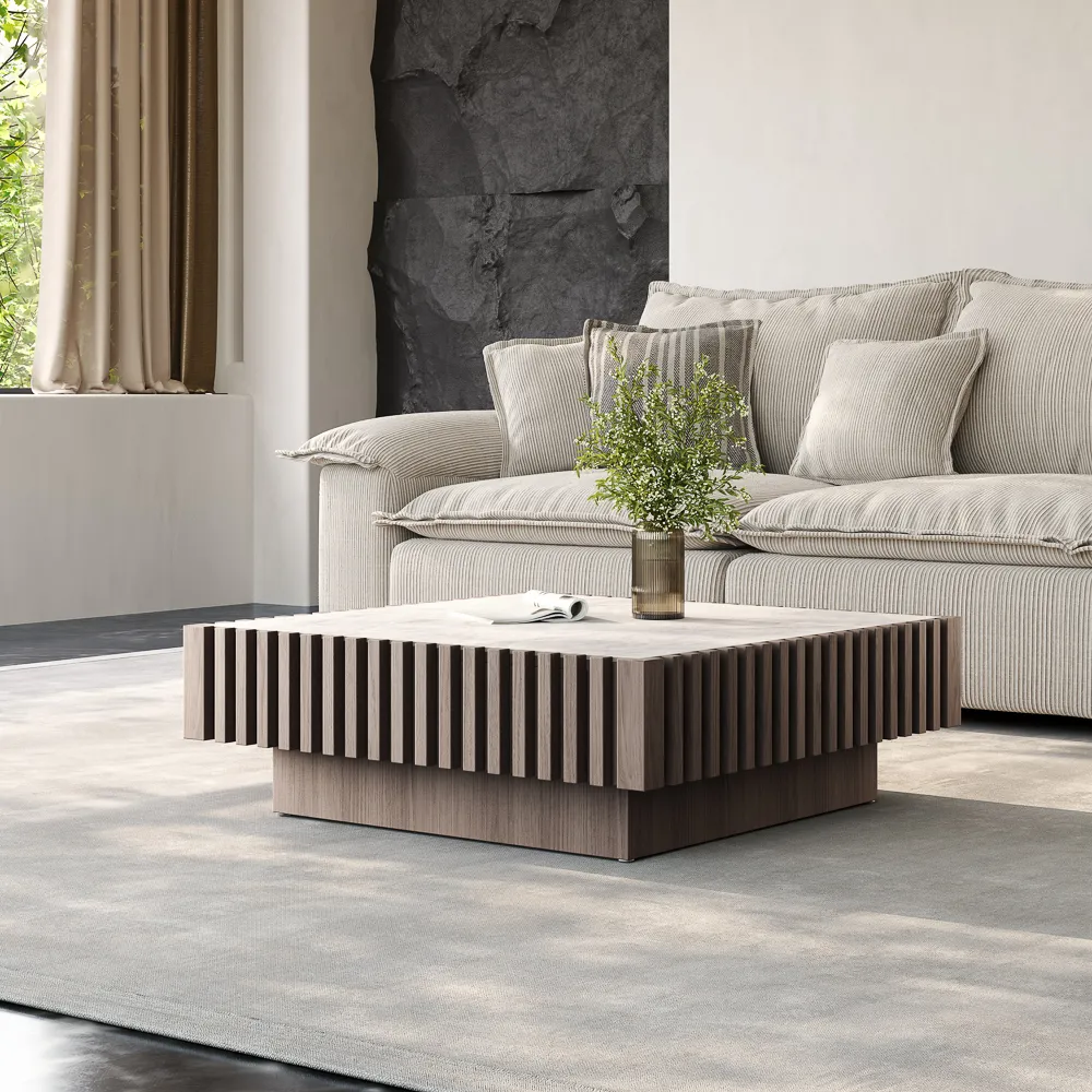 orion mid century modern square coffee table with slatted design