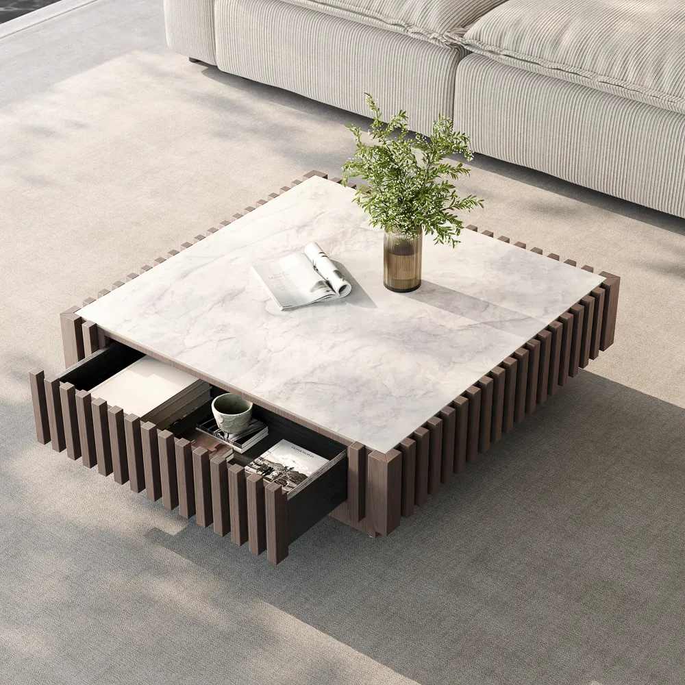 orion mid century modern square coffee table with slatted design