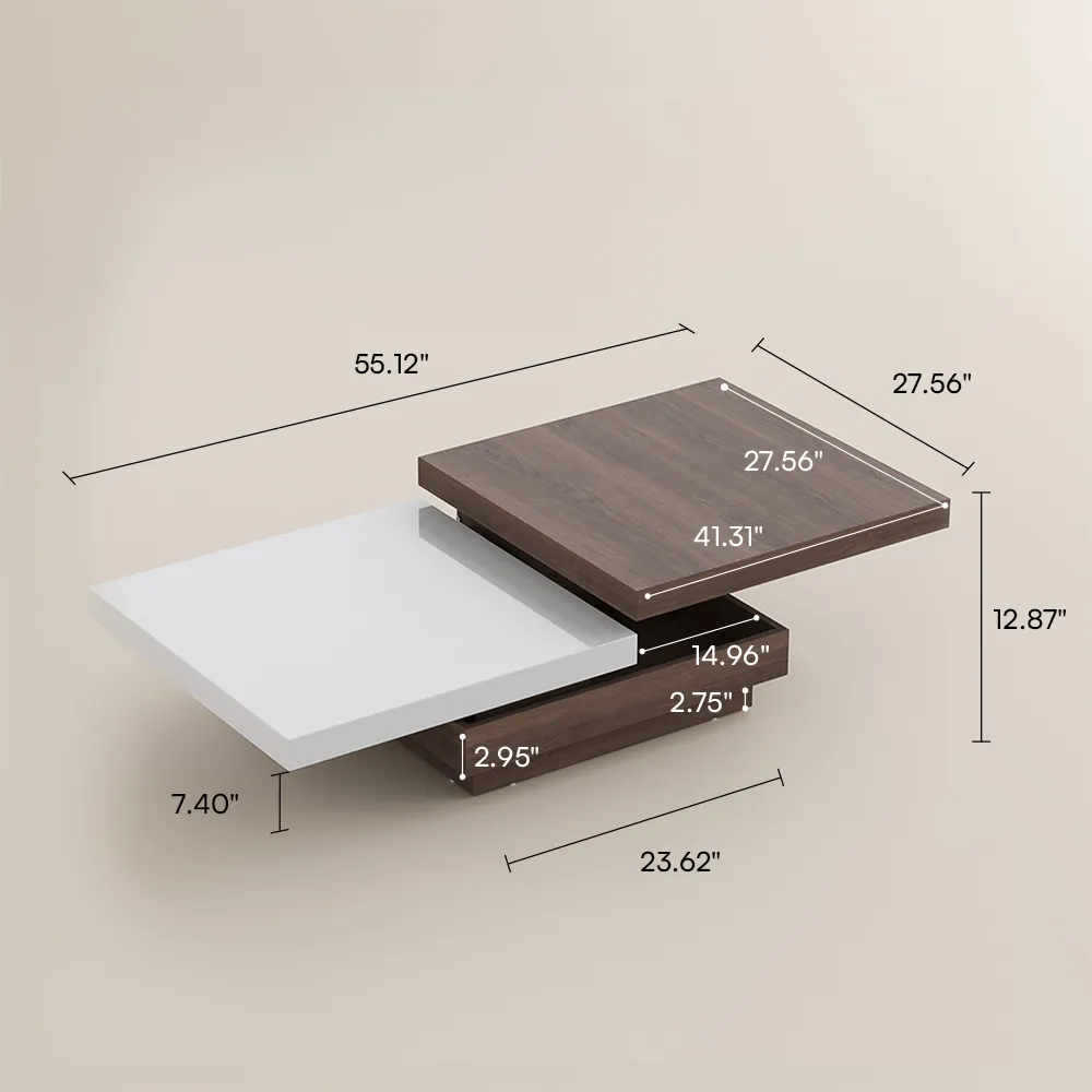 Walnut rotating square coffee table, engineered wood construction, fully assembled modern living room furniture