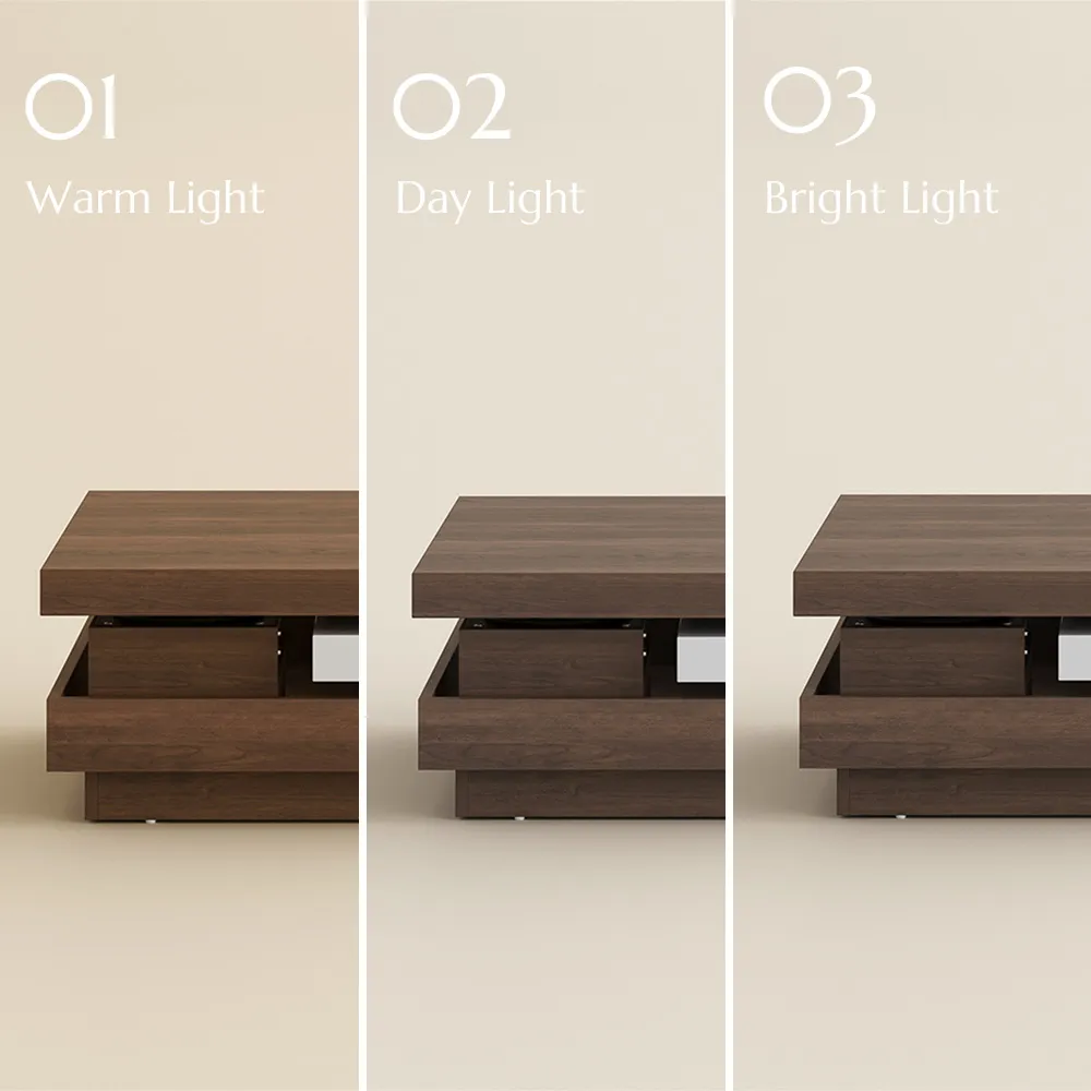 Walnut rotating square coffee table, engineered wood construction, fully assembled modern living room furniture