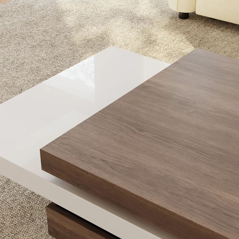 Walnut rotating square coffee table, engineered wood construction, fully assembled modern living room furniture