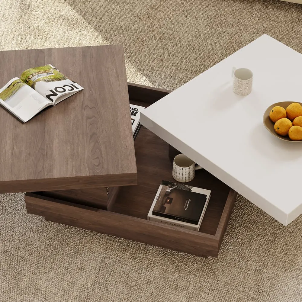 Walnut rotating square coffee table, engineered wood construction, fully assembled modern living room furniture