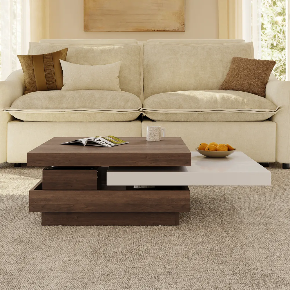 Walnut rotating square coffee table, engineered wood construction, fully assembled modern living room furniture
