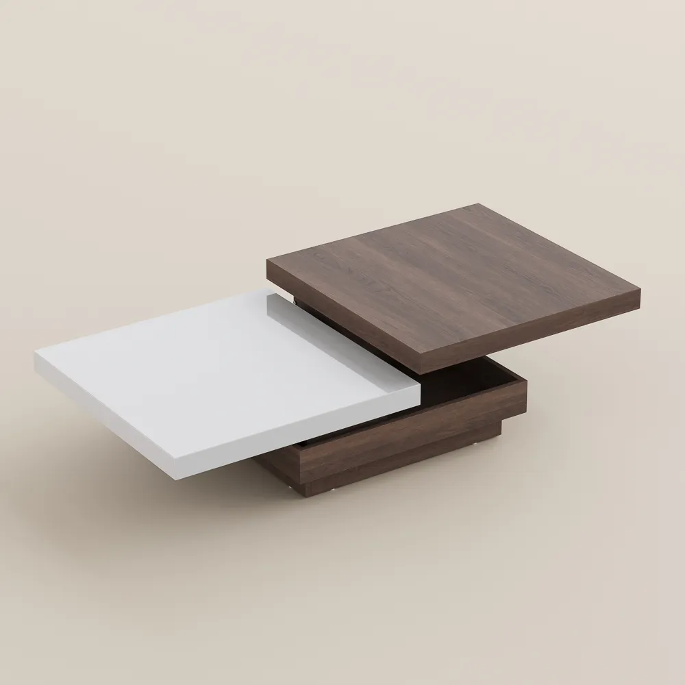 Walnut rotating square coffee table, engineered wood construction, fully assembled modern living room furniture