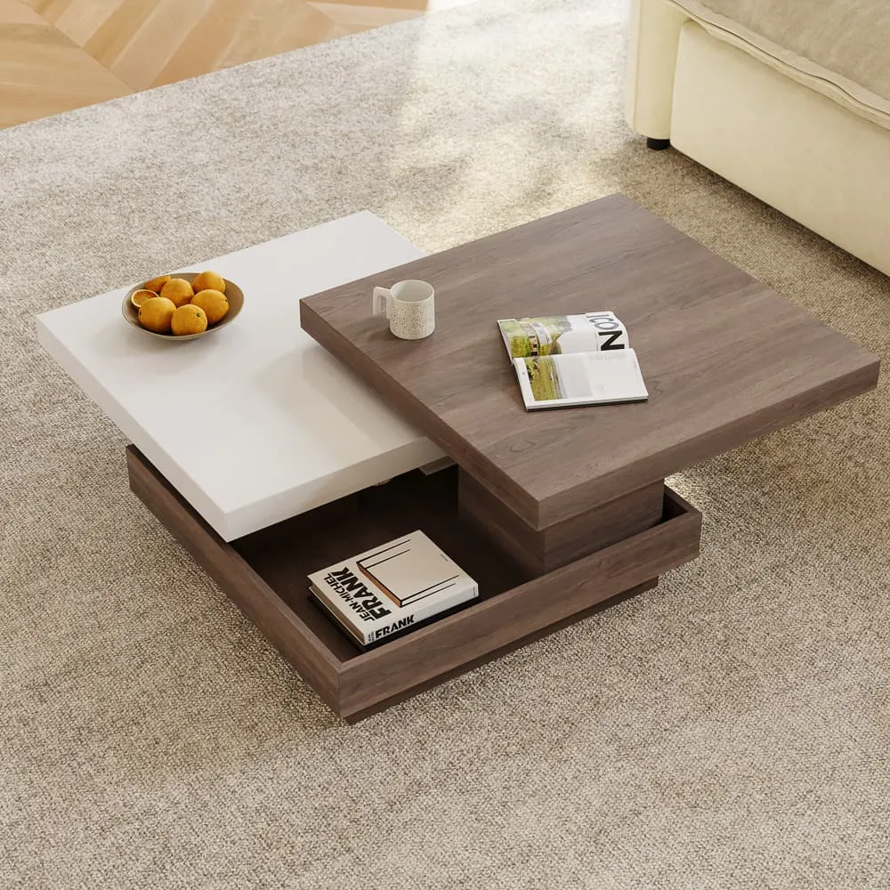 Walnut rotating square coffee table, engineered wood construction, fully assembled modern living room furniture