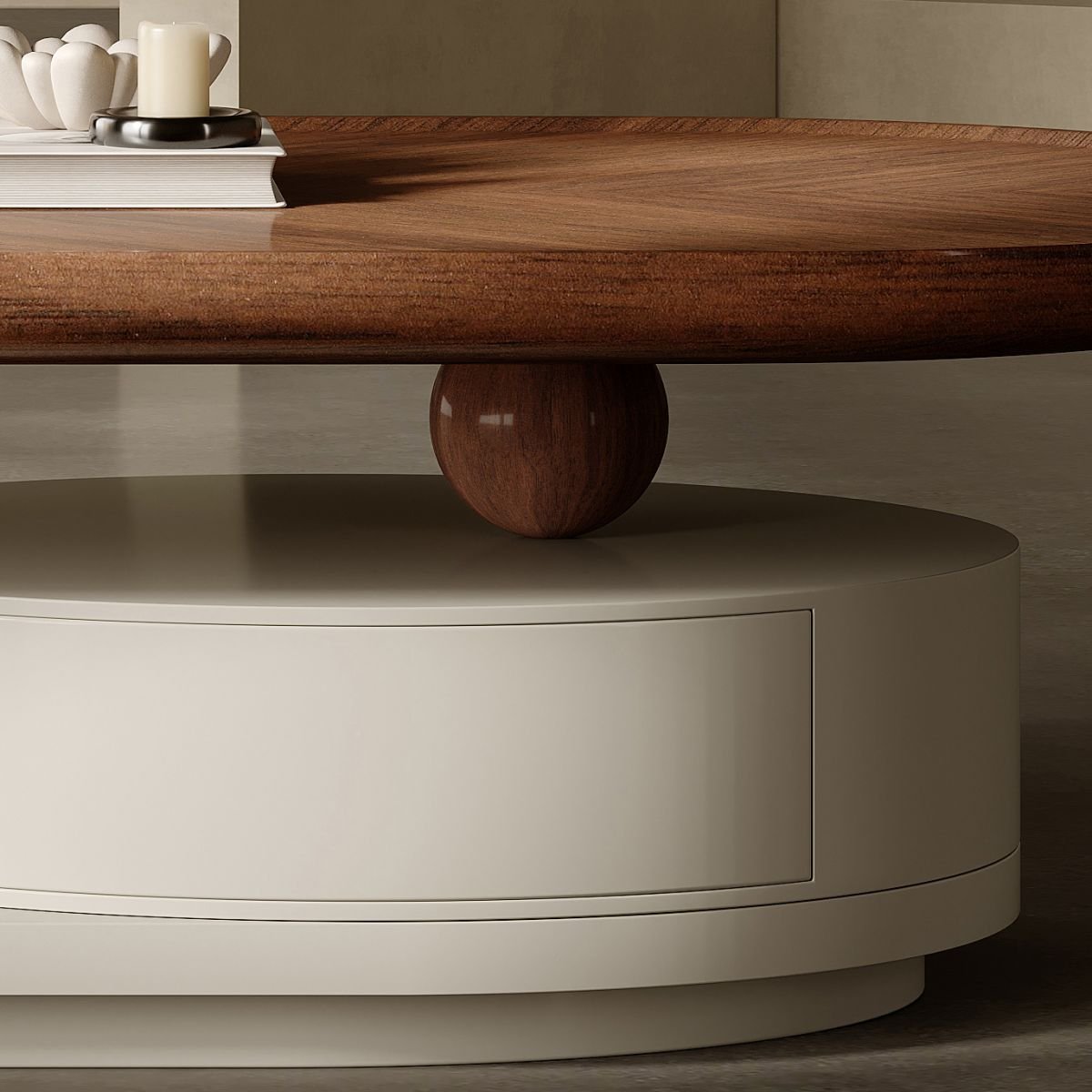 oblong timber coffee table with dual cylindrical bases