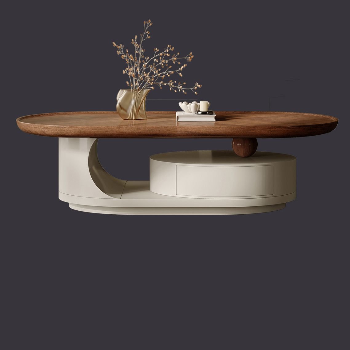 oblong timber coffee table with dual cylindrical bases