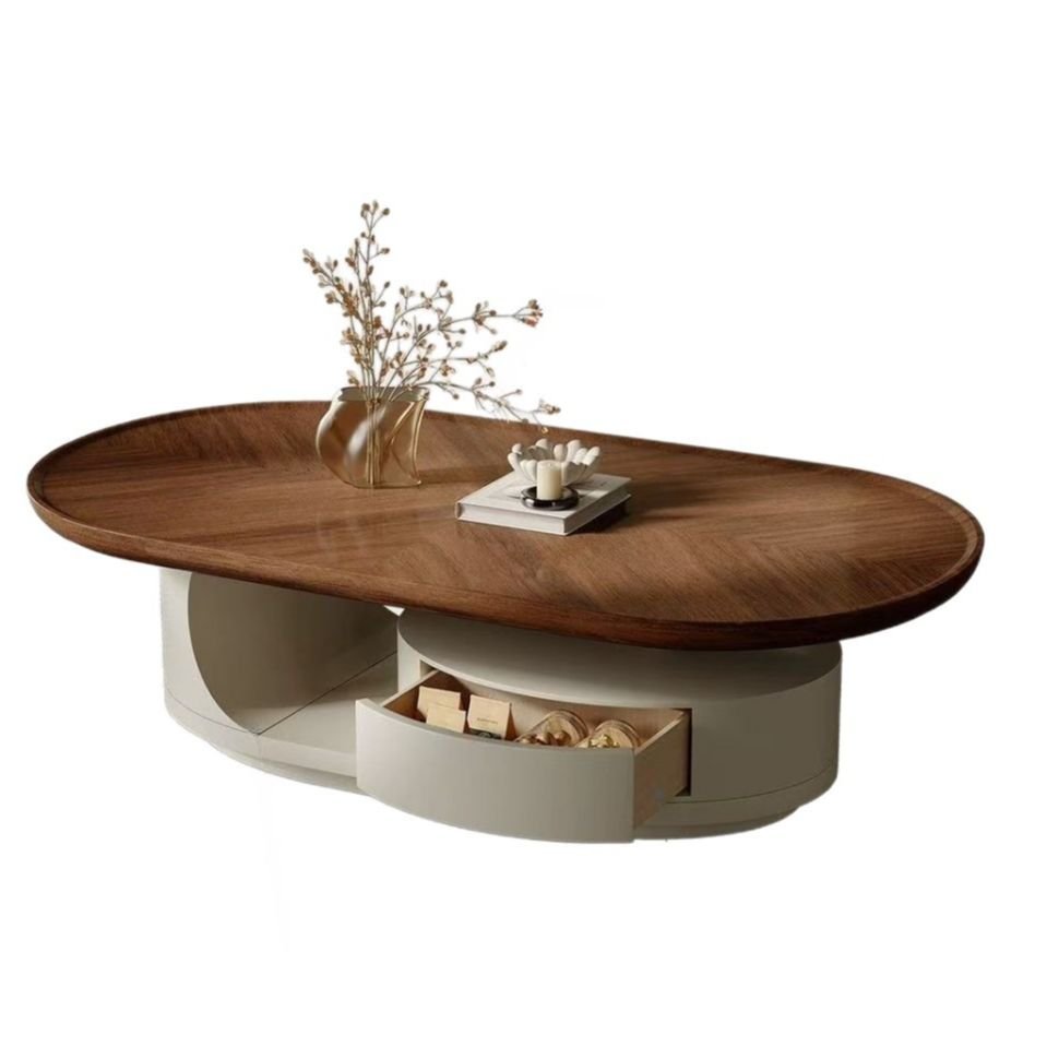 oblong timber coffee table with dual cylindrical bases