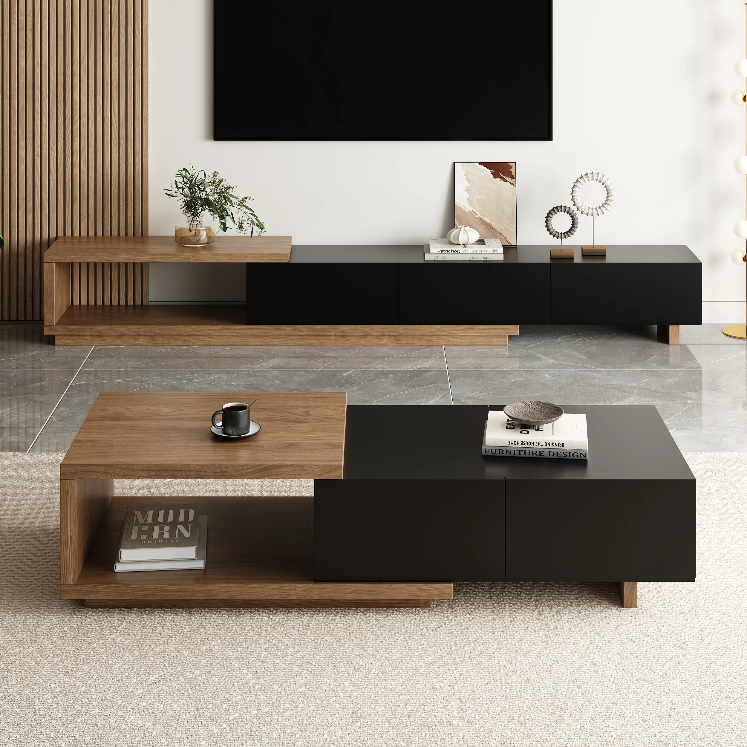 Flexible design meets modern elegance – the Quoint Extendable Coffee Table adapts to your space with hidden storage and a sleek walnut finish