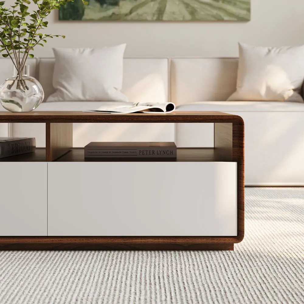 rectangular modern coffee table with 4 drawers wood and white finish