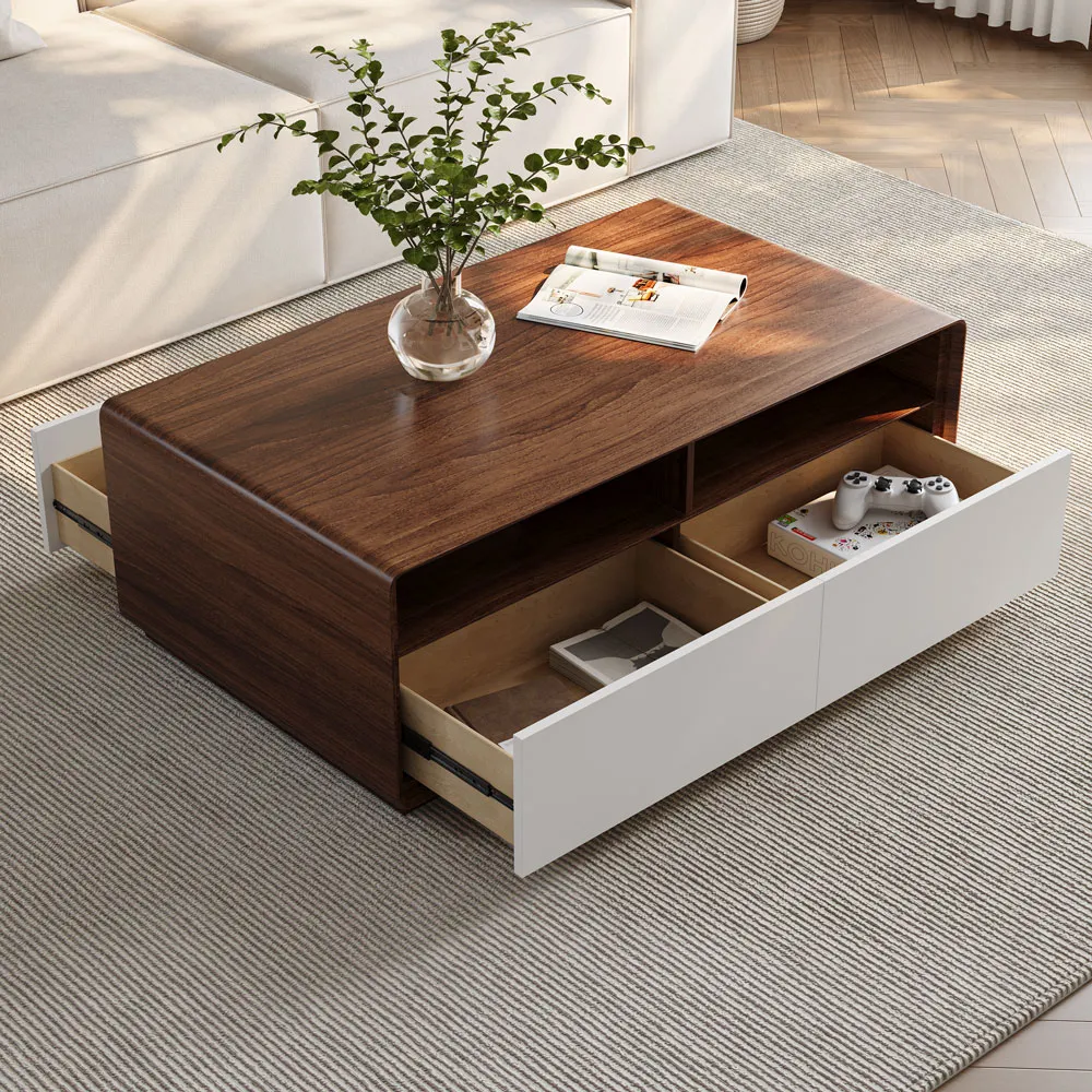 rectangular modern coffee table with 4 drawers wood and white finish