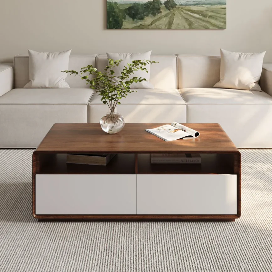 rectangular modern coffee table with 4 drawers wood and white finish