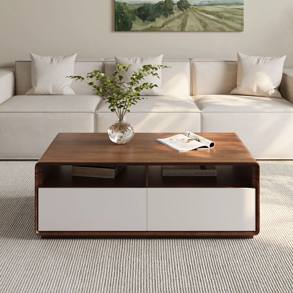 rectangular modern coffee table with 4 drawers wood and white finish