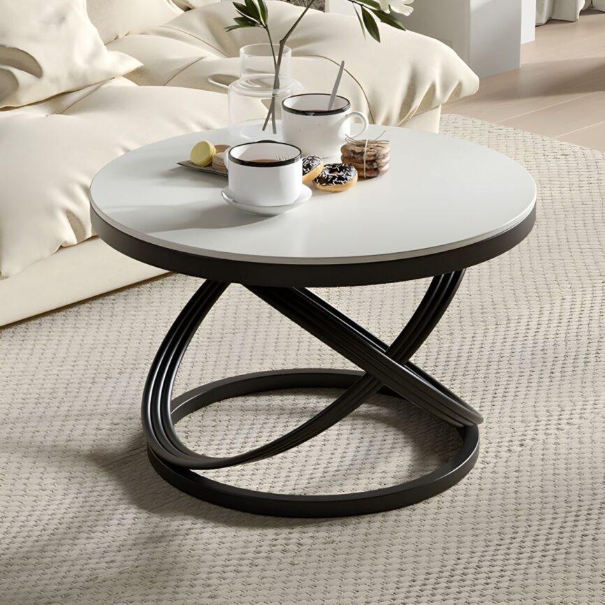 round white stone coffee table with gold metal frame