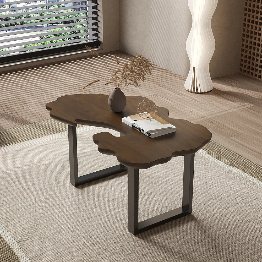 rustic walnut and black live‑edge coffee table with pine wood top