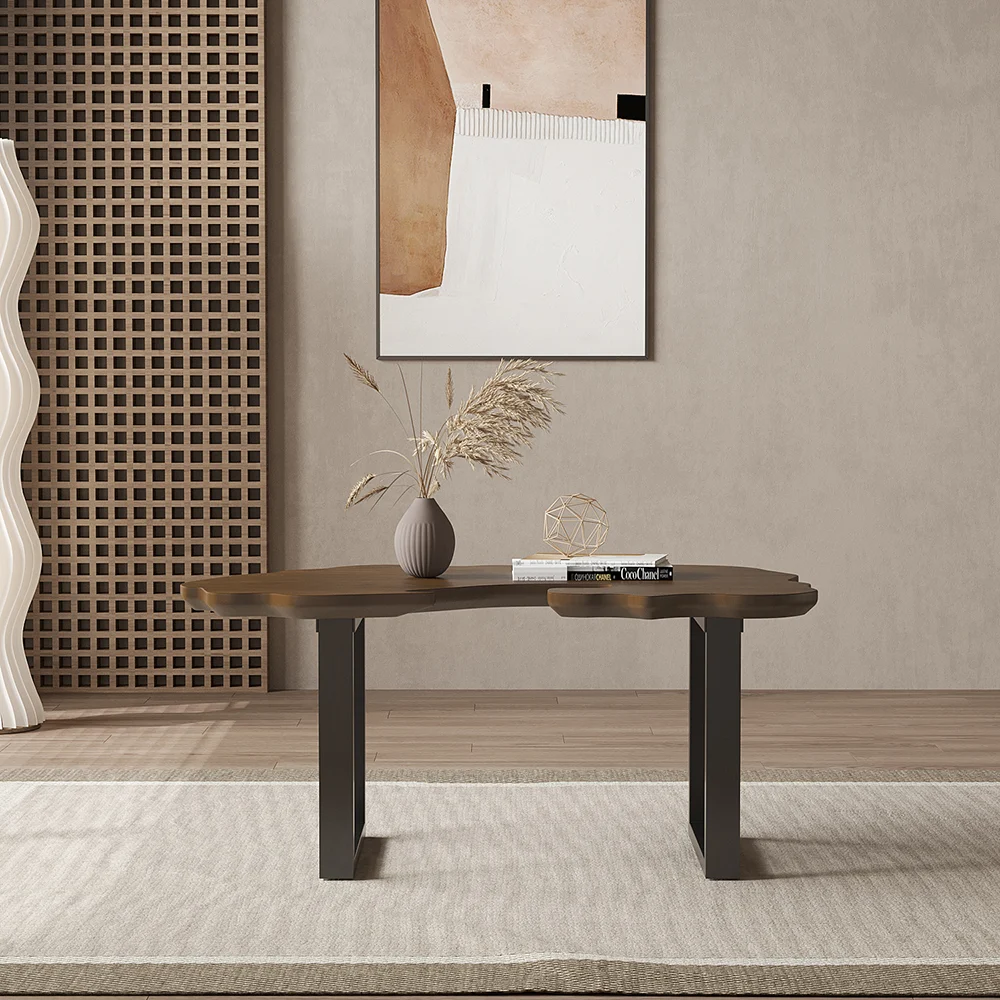 rustic walnut and black live‑edge coffee table with pine wood top