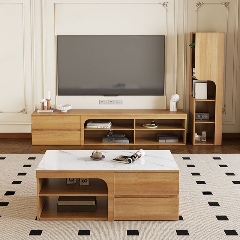 Modern coffee table with sintered stone rectangular top, natural wood block base, four drawers, and two open shelves
