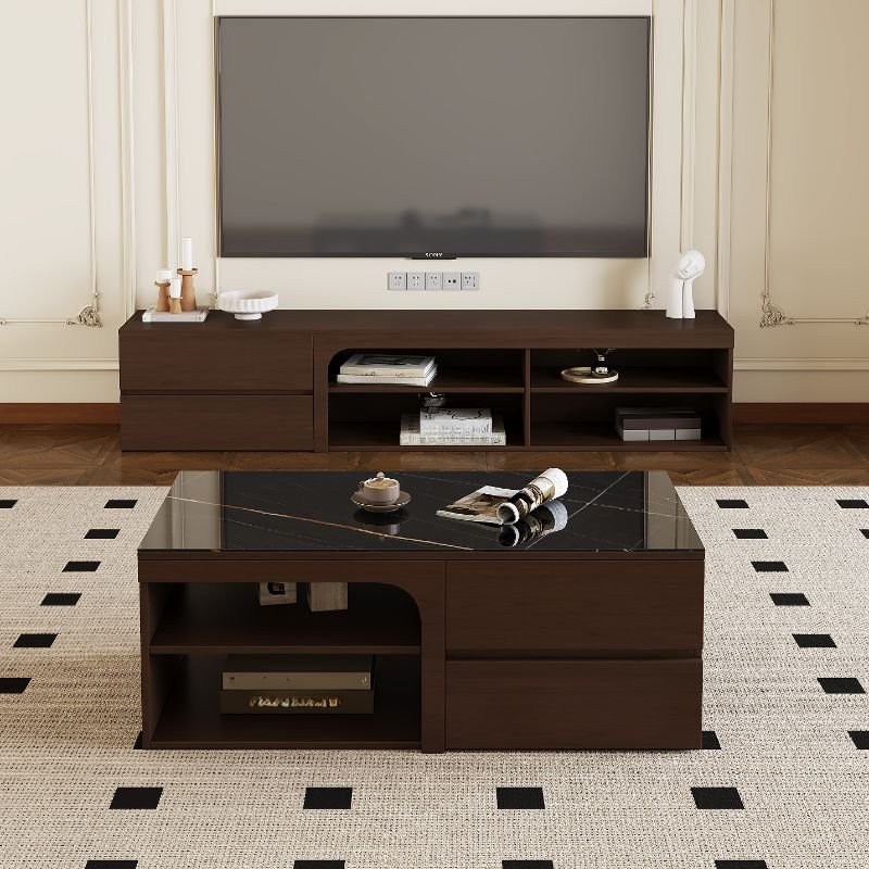 Modern coffee table with sintered stone rectangular top, natural wood block base, four drawers, and two open shelves