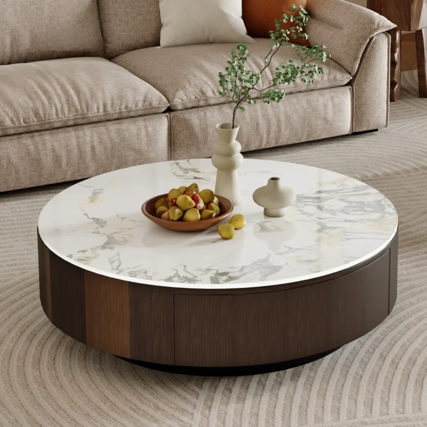 solara round coffee table with white sintered stone top