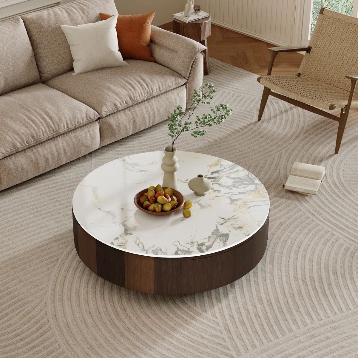 solara round coffee table with white sintered stone top