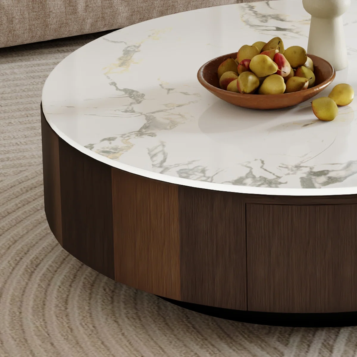 solara round coffee table with white sintered stone top