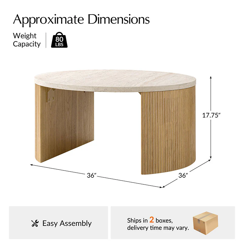 Round travertine coffee table with fluted wood legs in oak/walnut finish, modern minimalist design