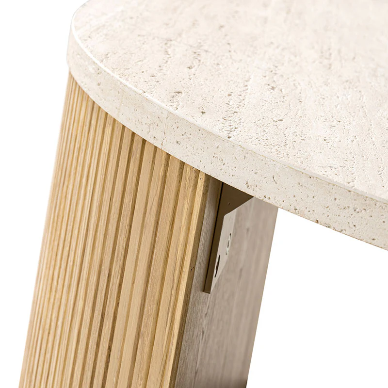 Round travertine coffee table with fluted wood legs in oak/walnut finish, modern minimalist design