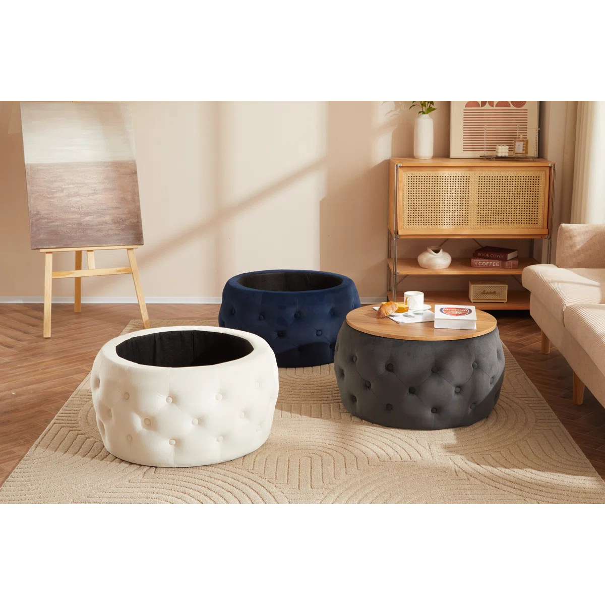 velora drum coffee table with tufted velvet base and wood top