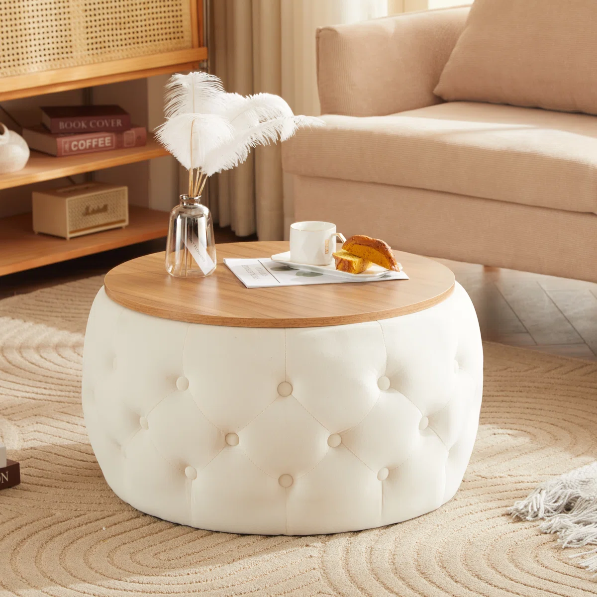 velora drum coffee table with tufted velvet base and wood top