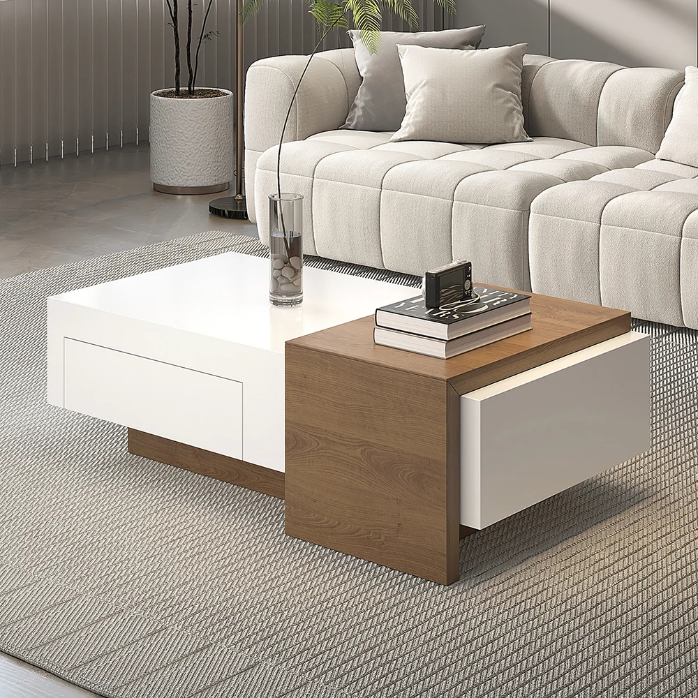 Modern two-tone extendable coffee table in white and walnut with drawer, sliding side table, and hidden storage