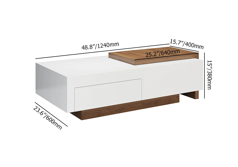 Modern two-tone extendable coffee table in white and walnut with drawer, sliding side table, and hidden storage