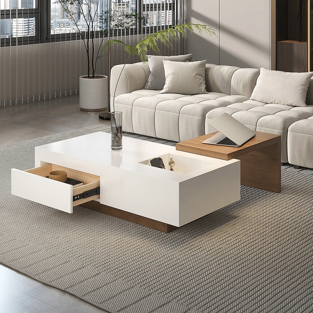 Modern two-tone extendable coffee table in white and walnut with drawer, sliding side table, and hidden storage