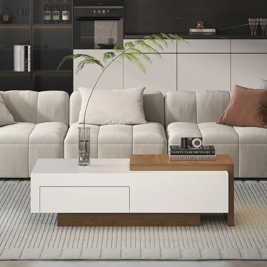Modern two-tone extendable coffee table in white and walnut with drawer, sliding side table, and hidden storage
