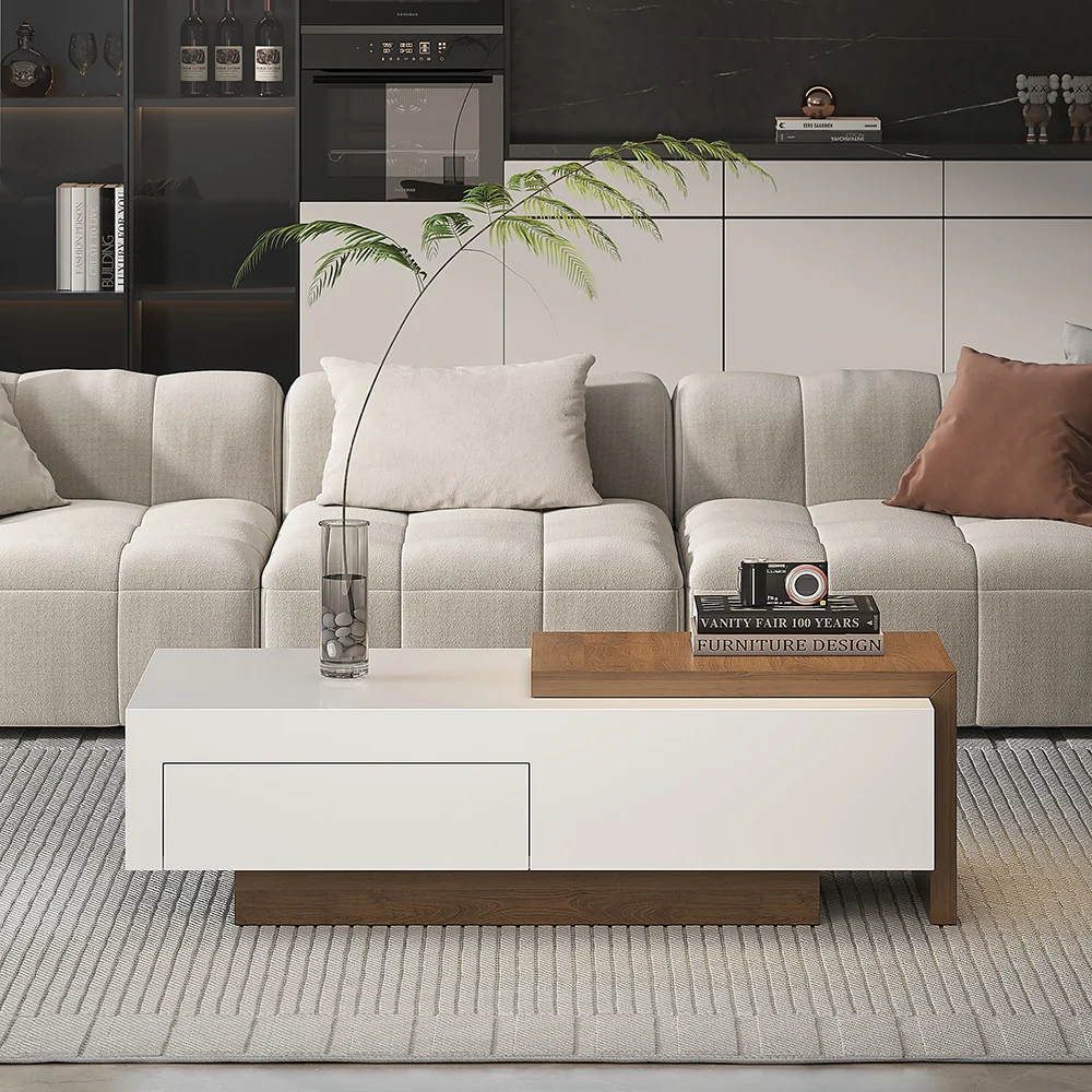 Modern two-tone extendable coffee table in white and walnut with drawer, sliding side table, and hidden storage