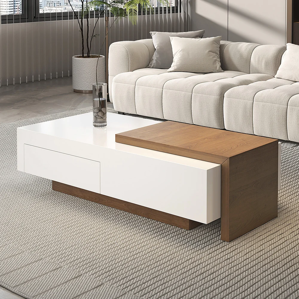 Modern two-tone extendable coffee table in white and walnut with drawer, sliding side table, and hidden storage