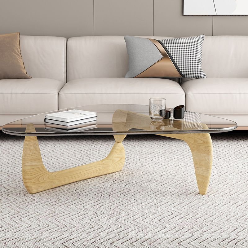 veyra modern triangular glass coffee table with wooden pedestal base